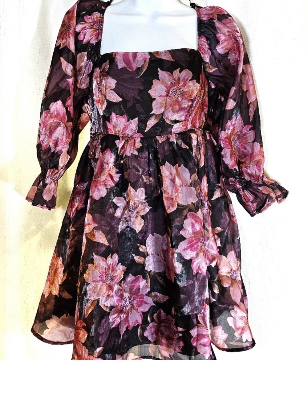 Girls' Floral Square-Neck Party Dress - Pink on Black